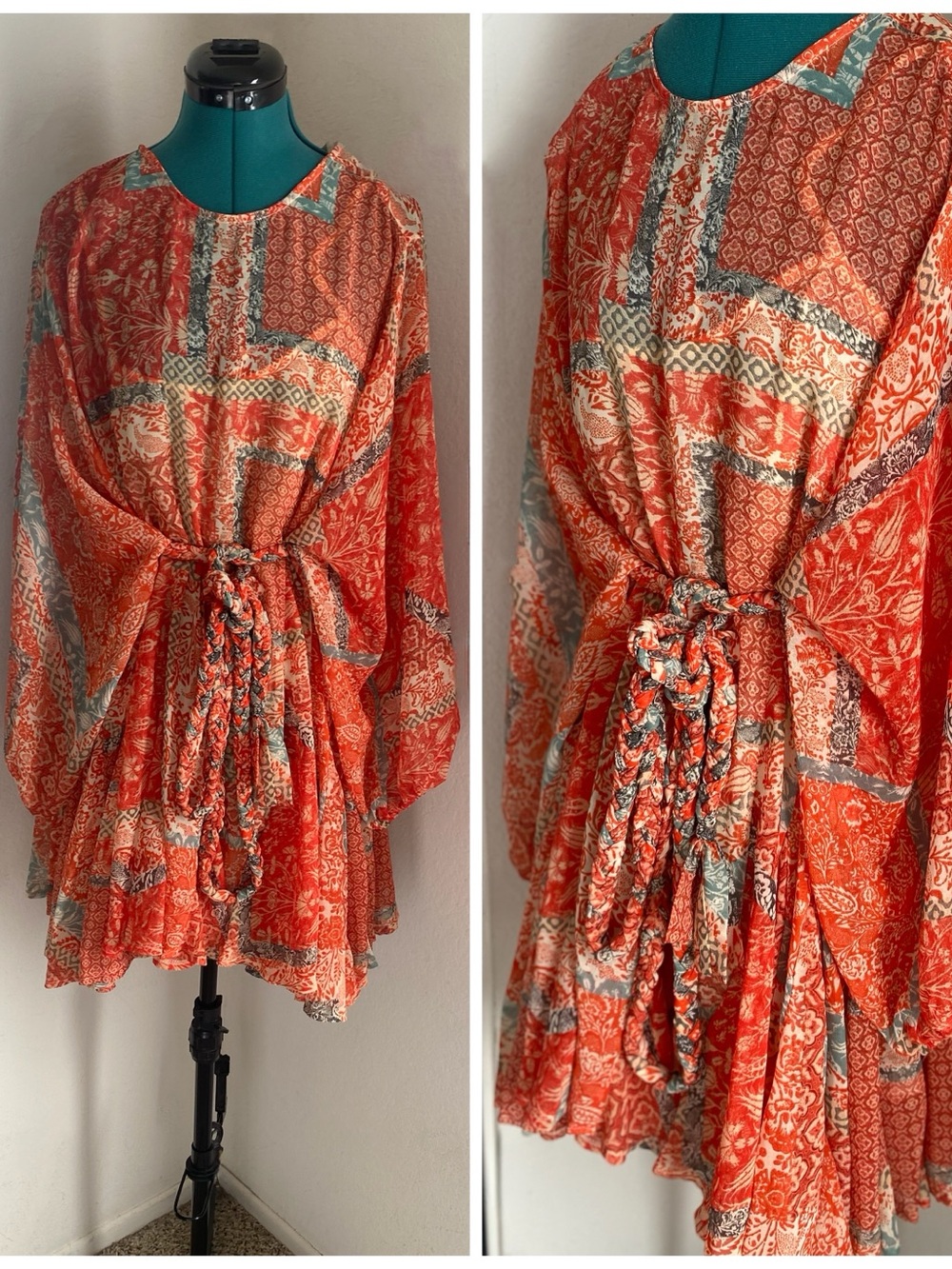 Olivaceous Orange and Red Floral-Print Tie Detail Boho Dress Size M
